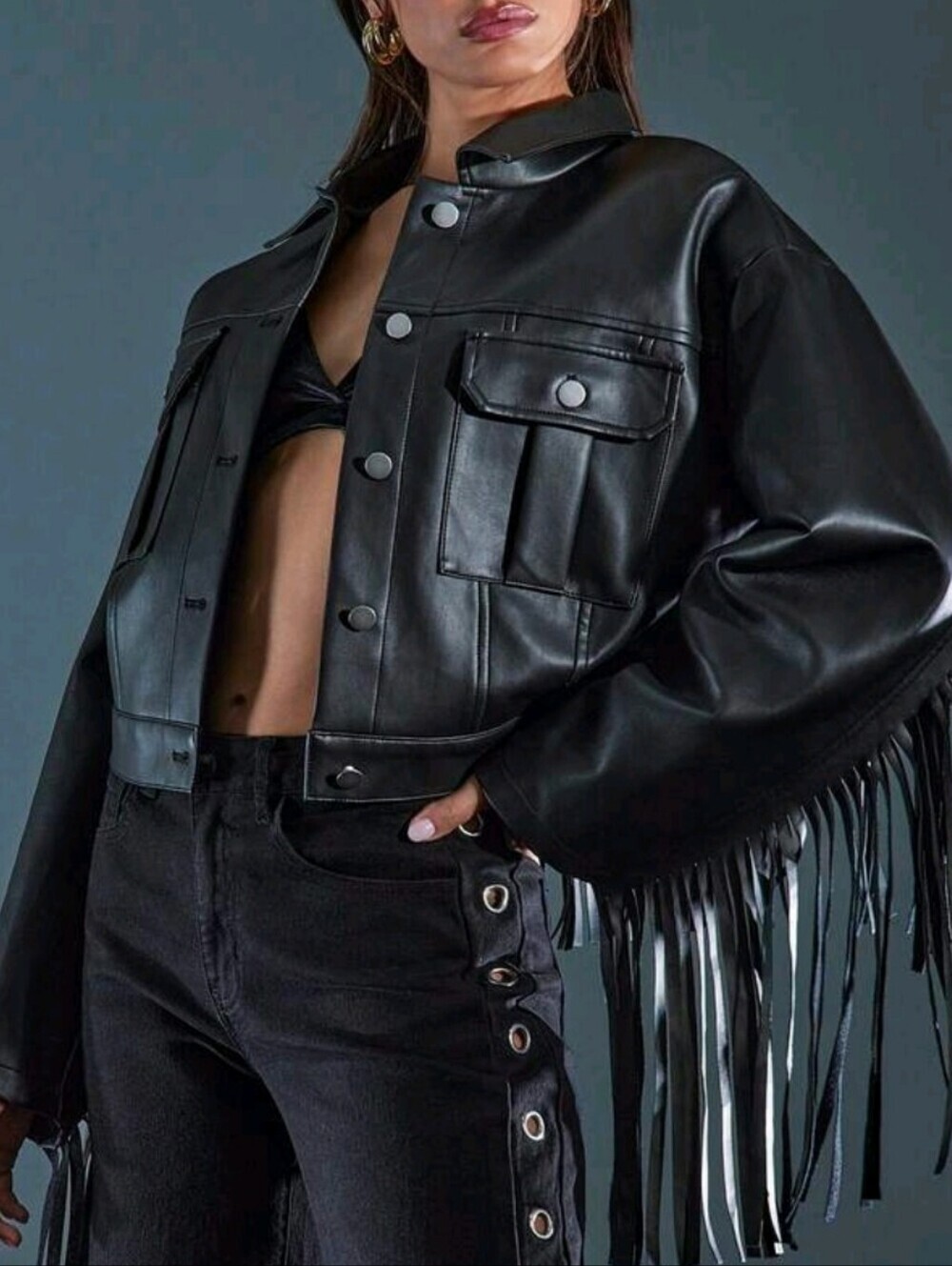Black Fringe Faux Leather Cropped Jacket XL